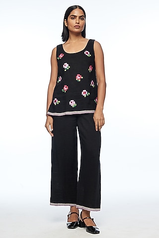 Black Handloom Cotton Elasticated Pants by Payal Pratap
