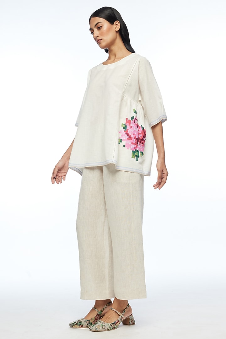 Ivory Handloom Cotton Rose Applique Embroidered Top by Payal Pratap at Pernia's Pop Up Shop