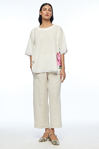 Beige Linen Elasticated Straight-Leg Pants by Payal Pratap