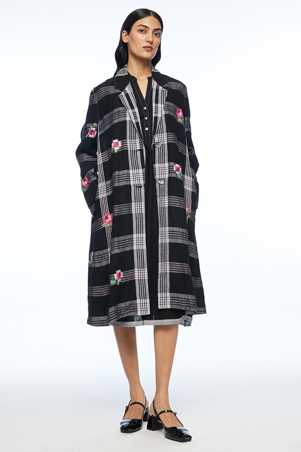 Black Handloom Linen Rose Applique Checkered Jacket by Payal Pratap at Pernia's Pop Up Shop