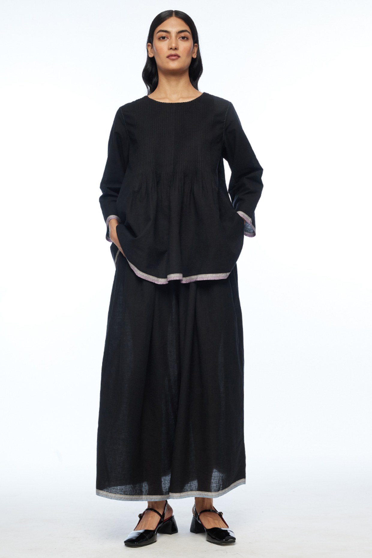 Black Handloom Cotton Pleated Top by Payal Pratap at Pernia's Pop Up Shop