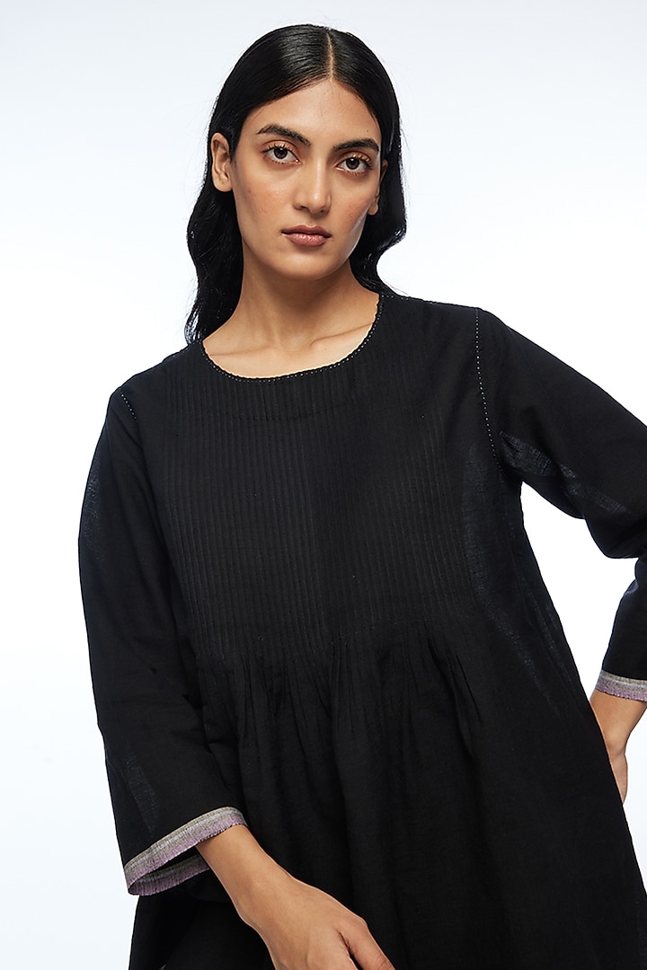 Black Handloom Cotton Pleated Top by Payal Pratap at Pernia's Pop Up Shop