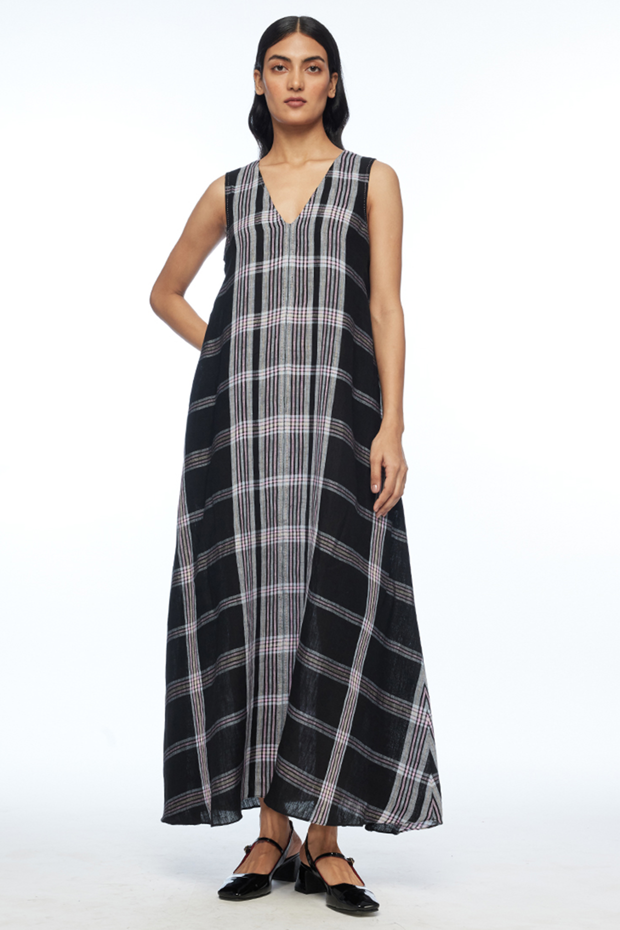 Black Handloom Linen Checkered Maxi Vacation Dress by Payal Pratap at Pernia's Pop Up Shop