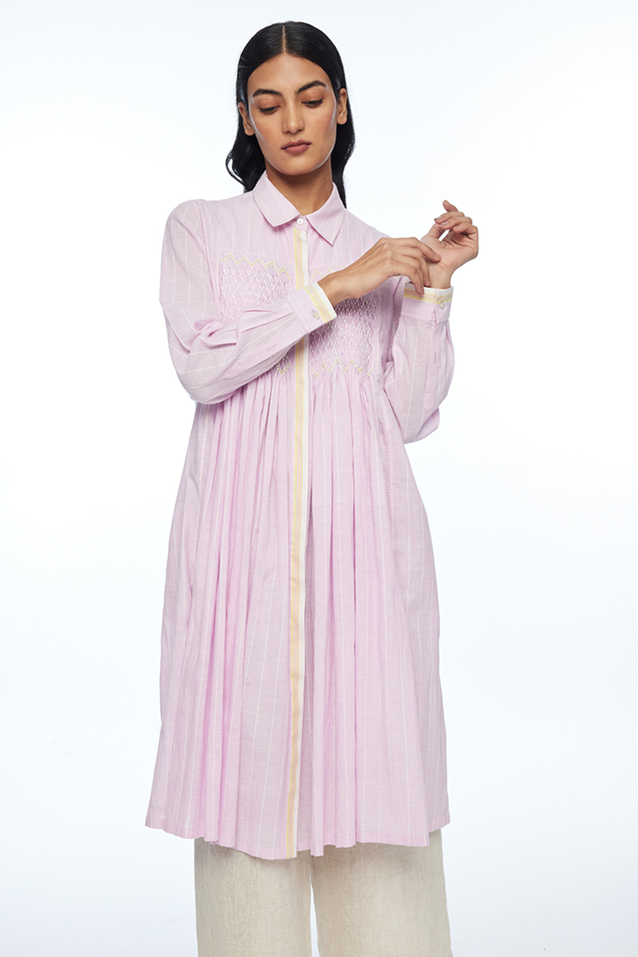 Pink Handloom Striped Cotton Gathered Tunic by Payal Pratap at Pernia's Pop Up Shop