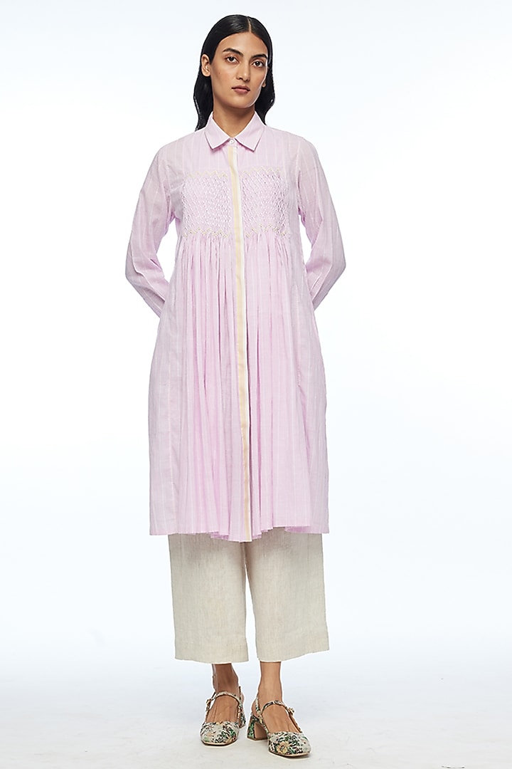 Pink Handloom Striped Cotton Gathered Tunic by Payal Pratap at Pernia's Pop Up Shop