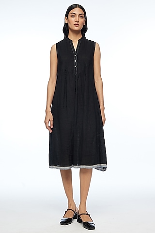 Black Handloom Linen V-Neck Midi Dress by Payal Pratap