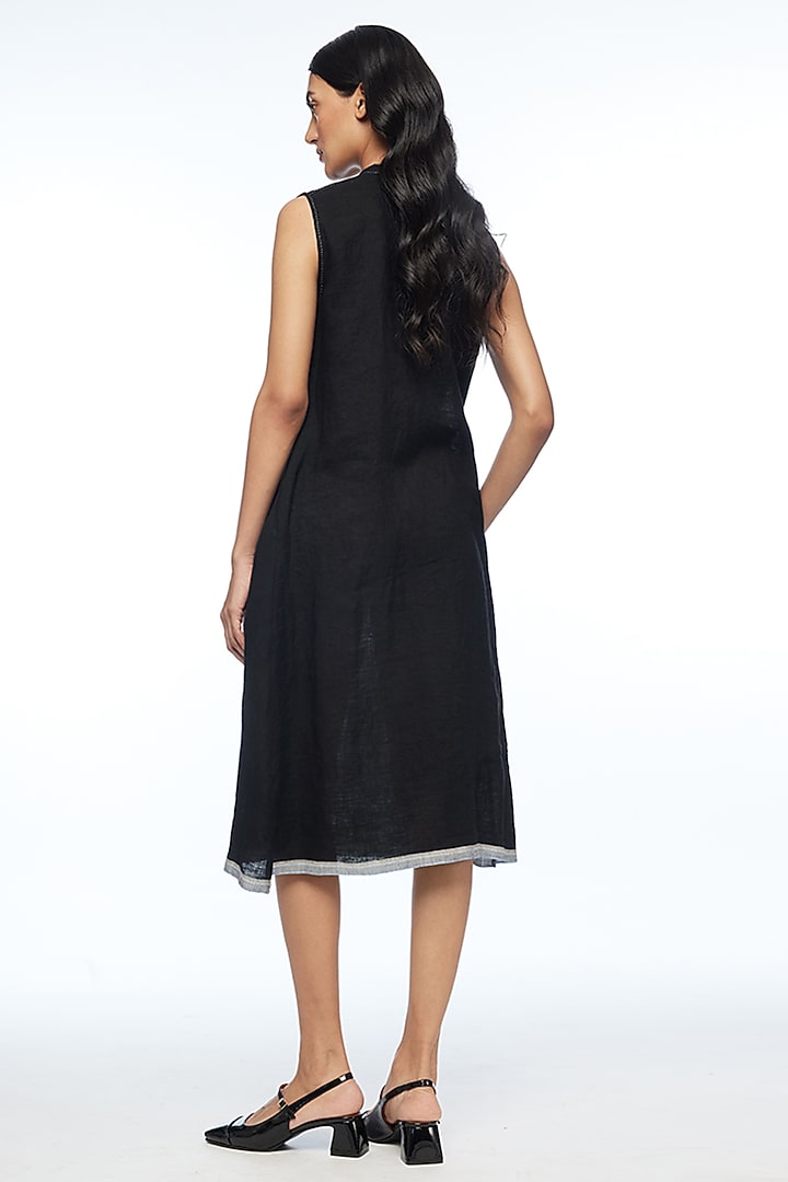 Black Handloom Linen V-Neck Midi Vacation Dress by Payal Pratap at Pernia's Pop Up Shop