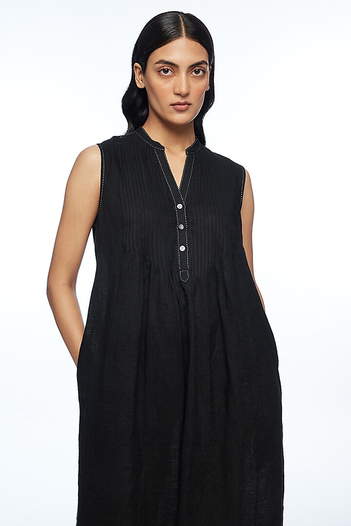 Black Handloom Linen V-Neck Midi Vacation Dress by Payal Pratap at Pernia's Pop Up Shop