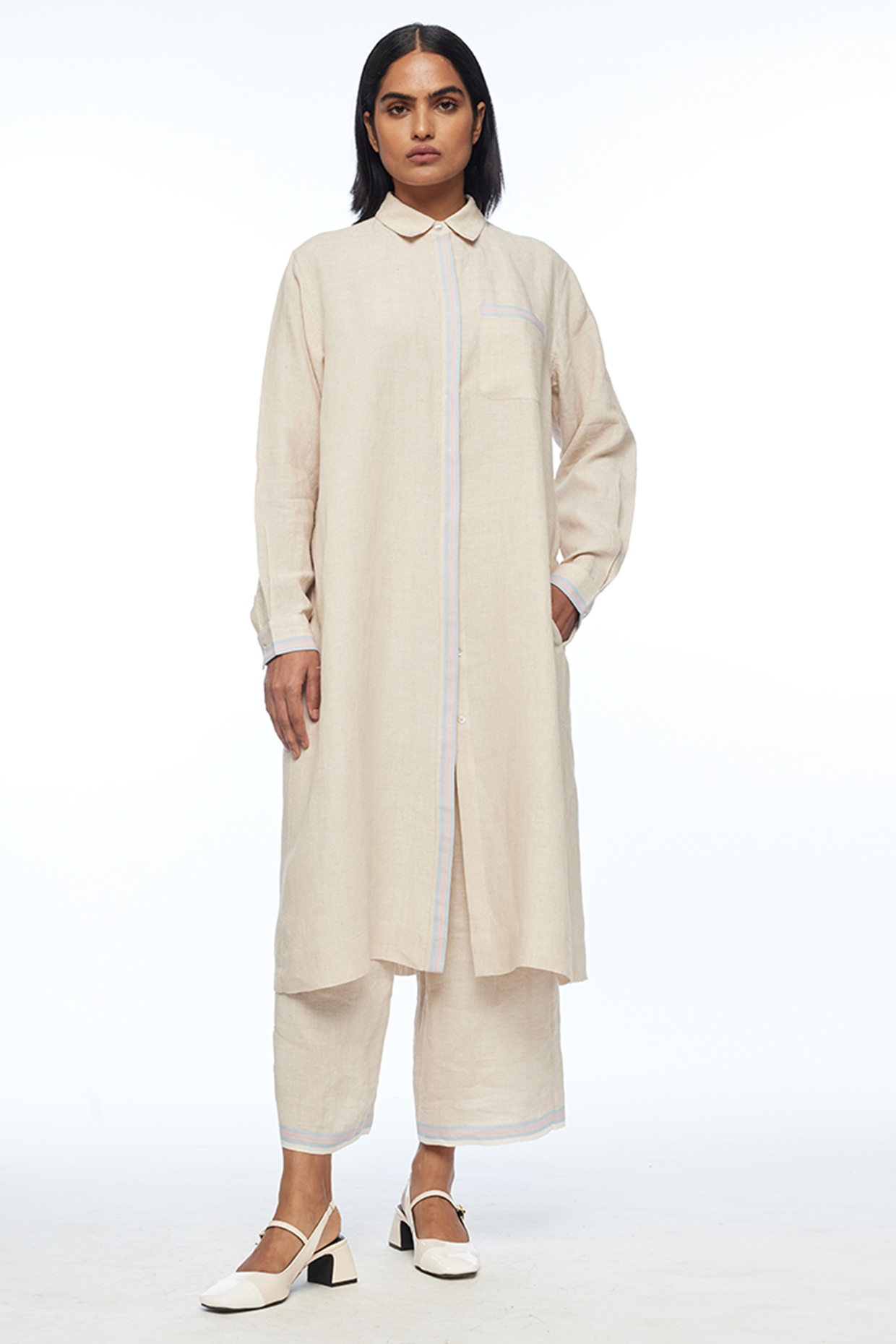 Beige Handloom Linen Collared Tunic by Payal Pratap at Pernia's Pop Up Shop