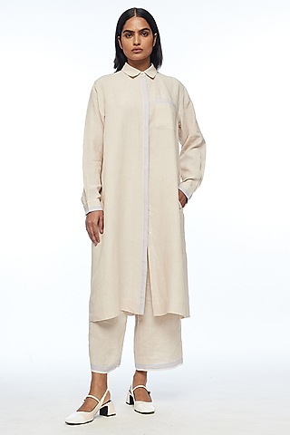 Beige Handloom Linen Collared Tunic by Payal Pratap