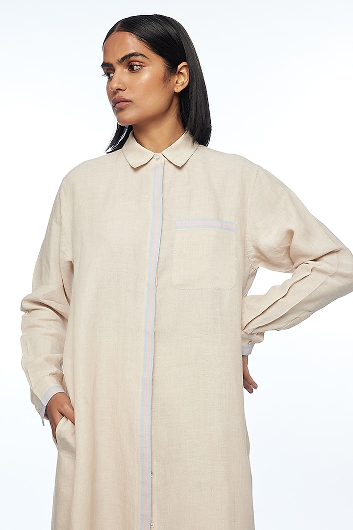 Beige Handloom Linen Collared Tunic by Payal Pratap at Pernia's Pop Up Shop