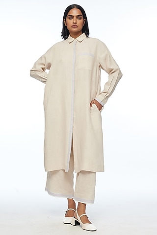 Beige Handloom Linen Elasticated Pants by Payal Pratap