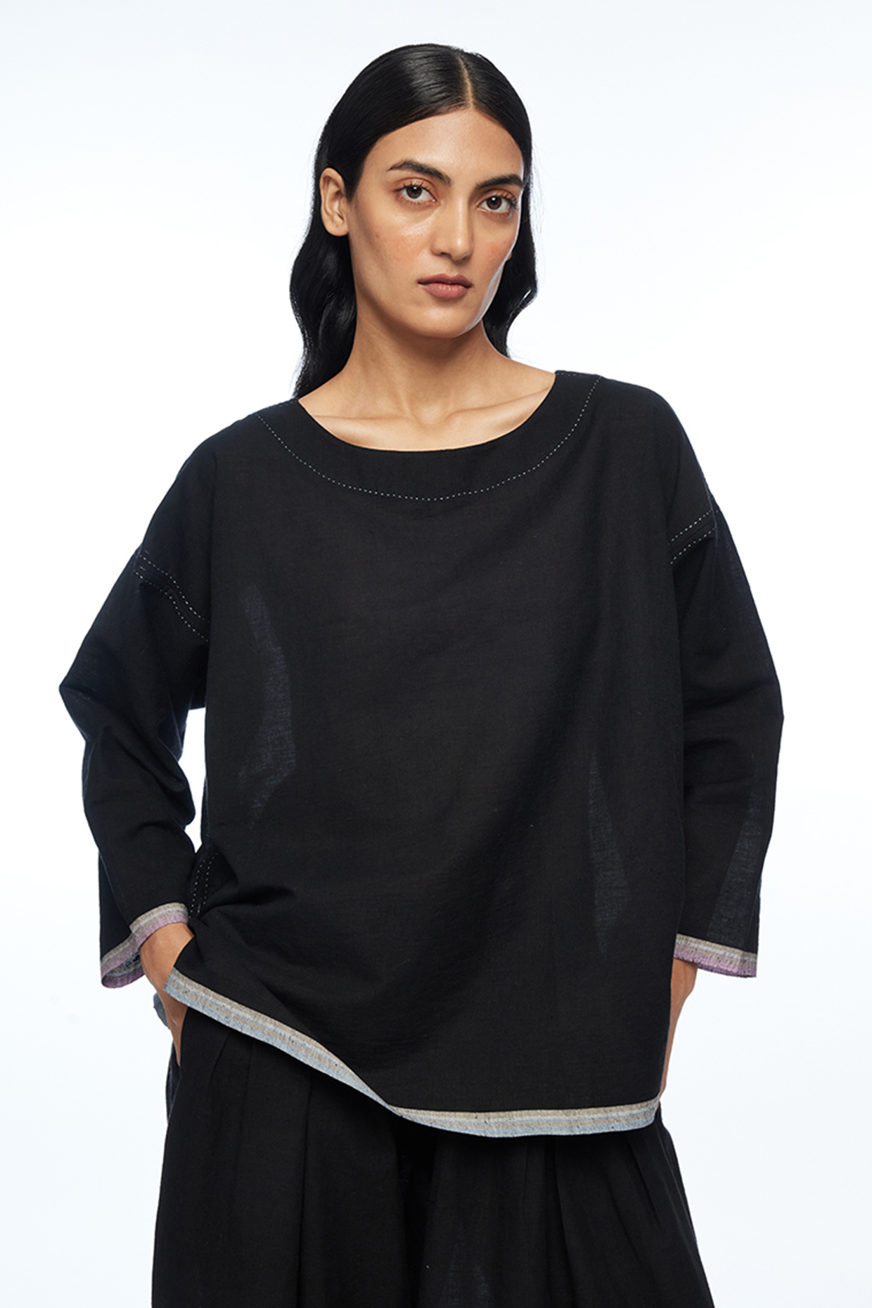 Black Handloom Cotton Oversized Top by Payal Pratap at Pernia's Pop Up Shop