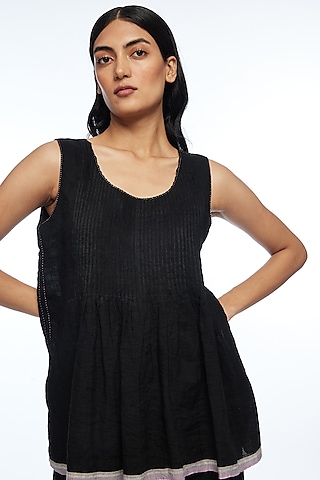 Black Handloom Cotton Gathered Camisole Top by Payal Pratap