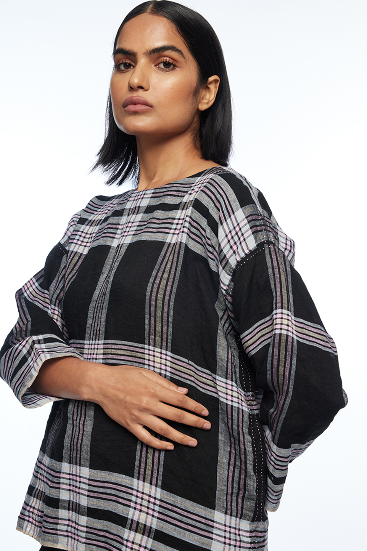 Black Handloom Linen Checkered Boxy Top by Payal Pratap at Pernia's Pop Up Shop