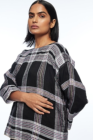 Black Handloom Linen Checkered Boxy Top by Payal Pratap
