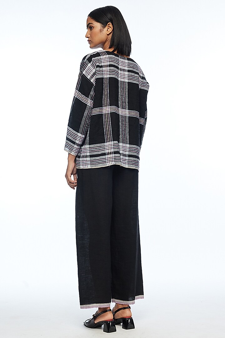 Black Handloom Linen Checkered Boxy Top by Payal Pratap at Pernia's Pop Up Shop