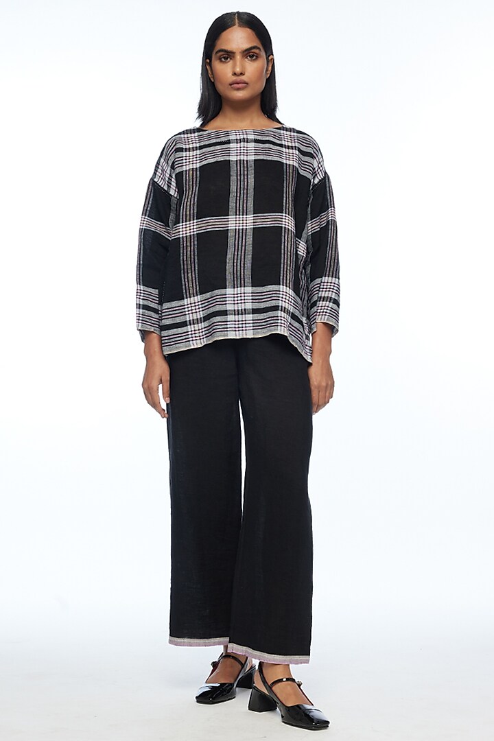 Black Handloom Linen Checkered Boxy Top by Payal Pratap at Pernia's Pop Up Shop