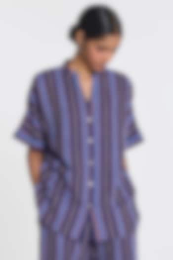 Indigo Blue Cotton Linen Hand-Blocked Oversized Shirt by Payal Pratap at Pernia's Pop Up Shop