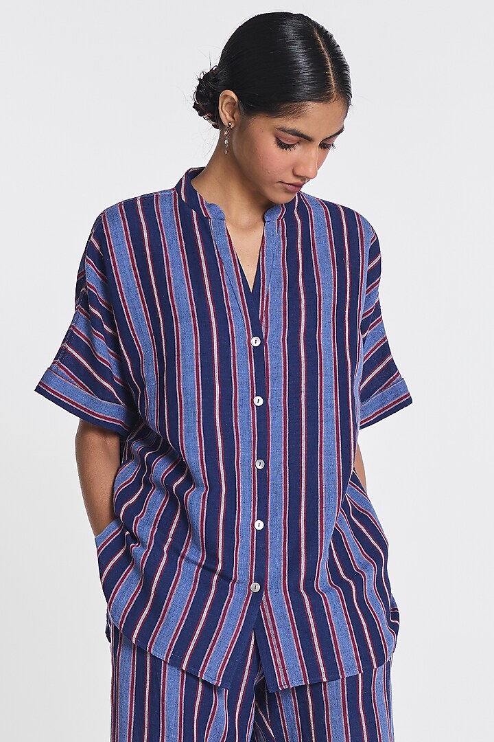 Indigo Blue Cotton Linen Hand-Blocked Oversized Shirt by Payal Pratap at Pernia's Pop Up Shop