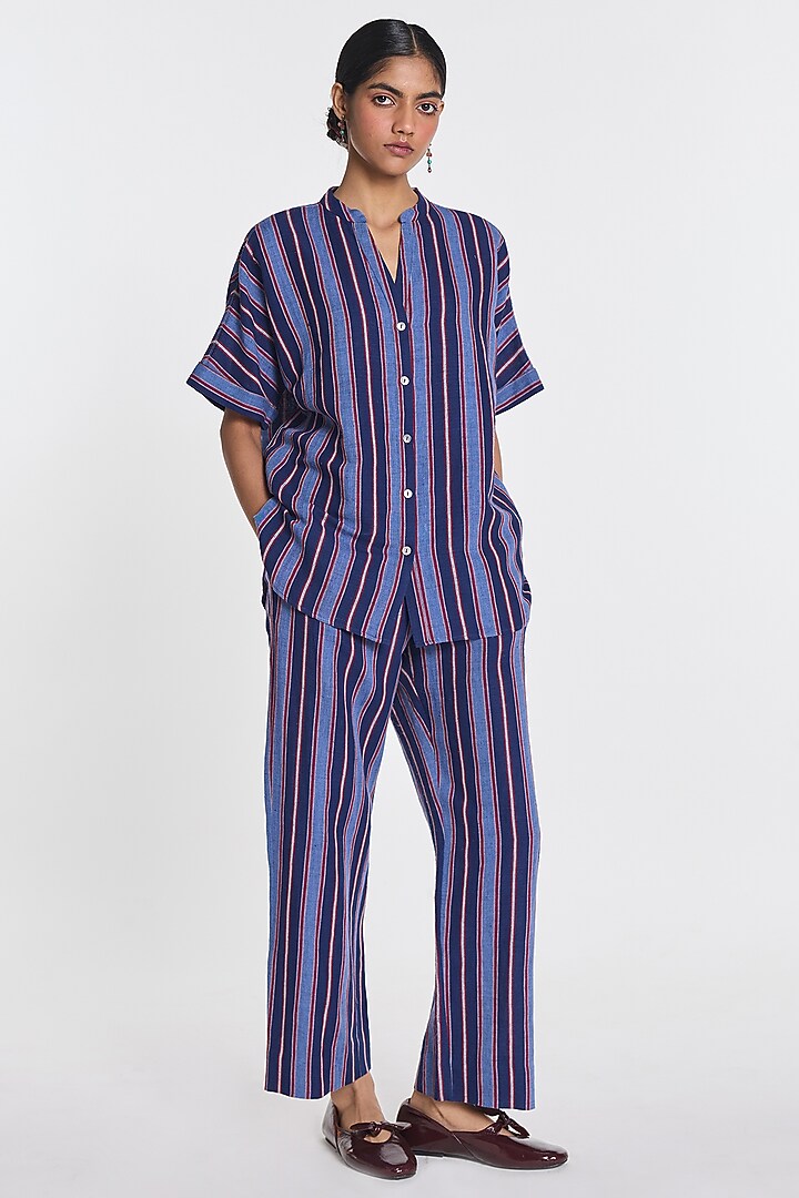 Indigo Blue Cotton Linen Hand-Blocked Oversized Shirt by Payal Pratap at Pernia's Pop Up Shop