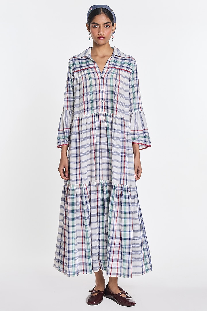 White Handloom Cotton Tiered Maxi Vacation Dress by Payal Pratap at Pernia's Pop Up Shop