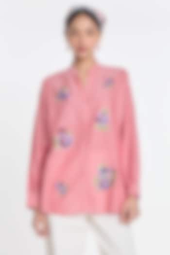Salmon Pink Handloom Cotton Floral Embroidered Shirt by Payal Pratap at Pernia's Pop Up Shop
