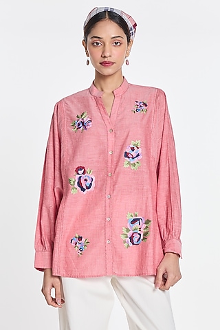 Salmon Pink Handloom Cotton Floral Embroidered Shirt by Payal Pratap