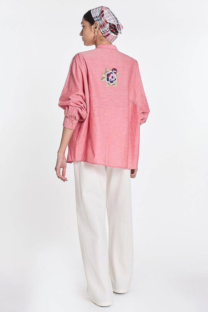 Salmon Pink Handloom Cotton Floral Embroidered Shirt by Payal Pratap at Pernia's Pop Up Shop