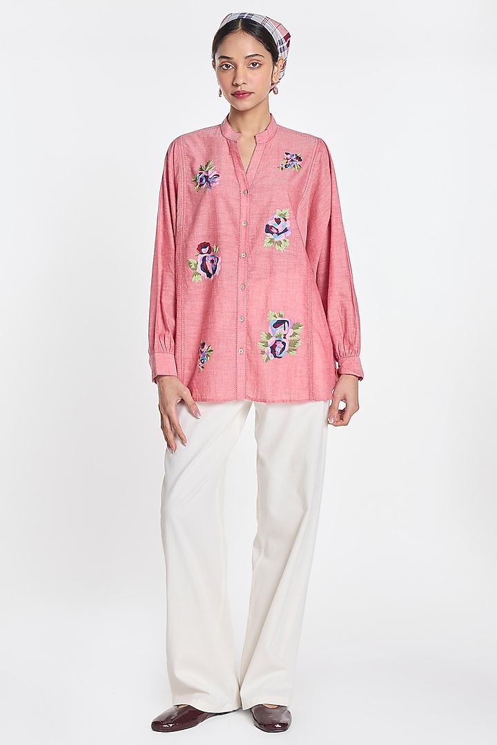 Salmon Pink Handloom Cotton Floral Embroidered Shirt by Payal Pratap at Pernia's Pop Up Shop