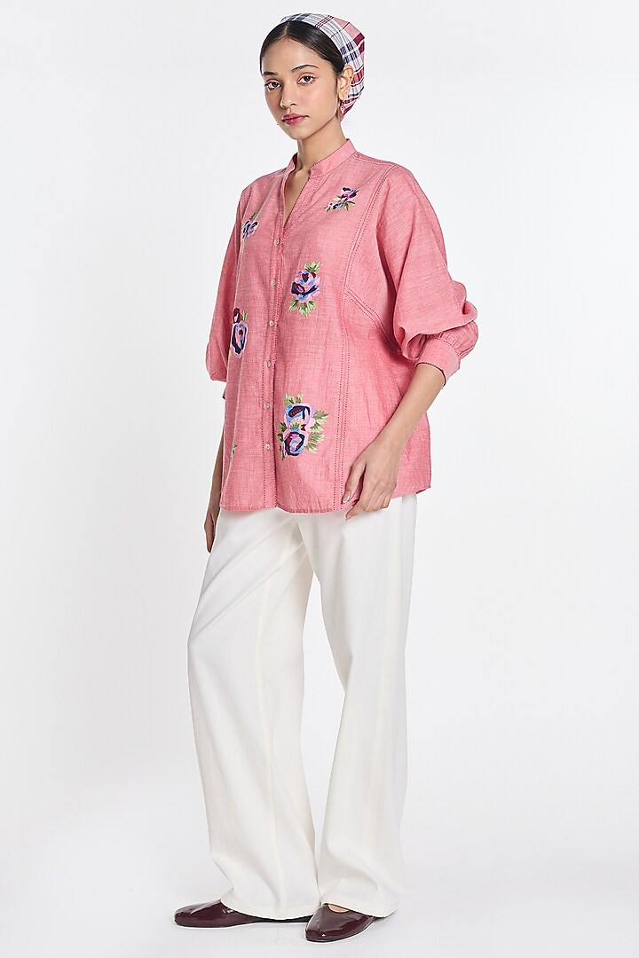 Salmon Pink Handloom Cotton Floral Embroidered Shirt by Payal Pratap at Pernia's Pop Up Shop