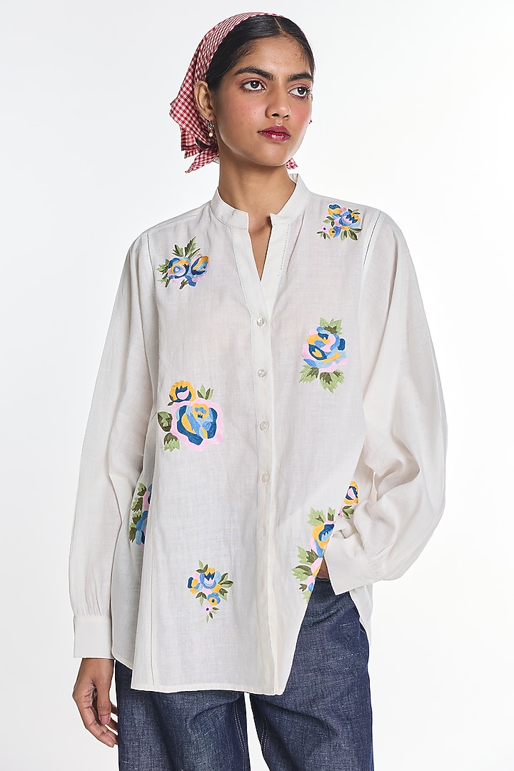 White Handloom Cotton Floral Embroidered Shirt by Payal Pratap at Pernia's Pop Up Shop