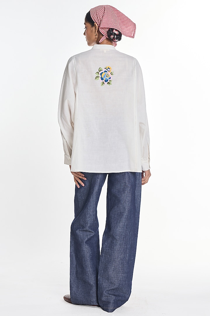 White Handloom Cotton Floral Embroidered Shirt by Payal Pratap at Pernia's Pop Up Shop