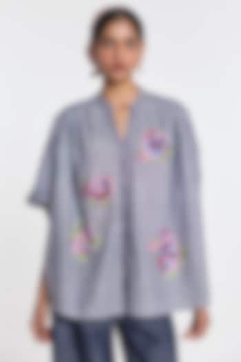 Melange Blue Handloom Cotton Floral Embroidered Shirt by Payal Pratap at Pernia's Pop Up Shop