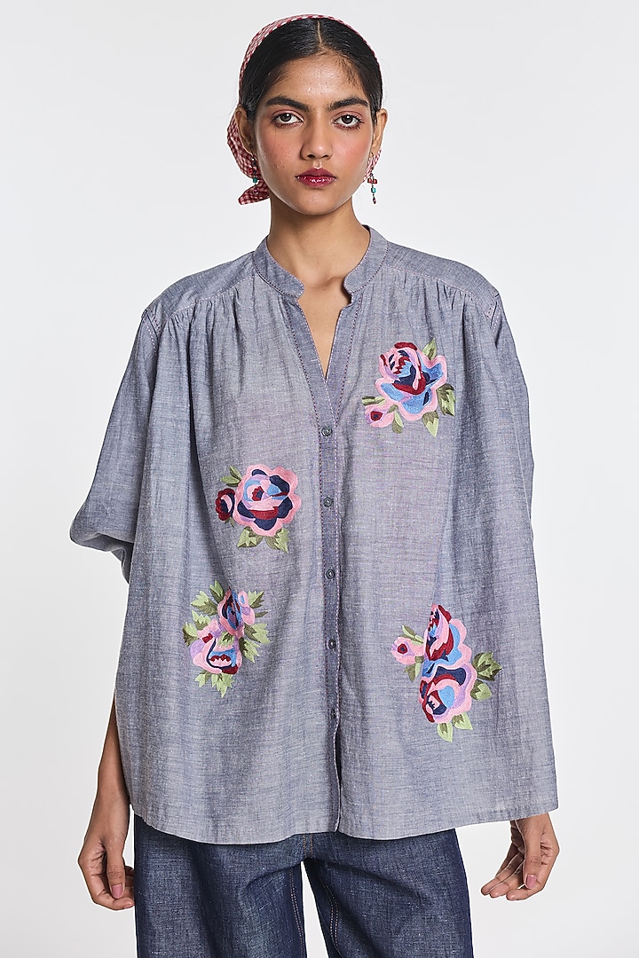 Melange Blue Handloom Cotton Floral Embroidered Shirt by Payal Pratap at Pernia's Pop Up Shop