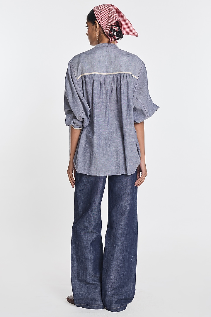 Melange Blue Handloom Cotton Floral Embroidered Shirt by Payal Pratap at Pernia's Pop Up Shop