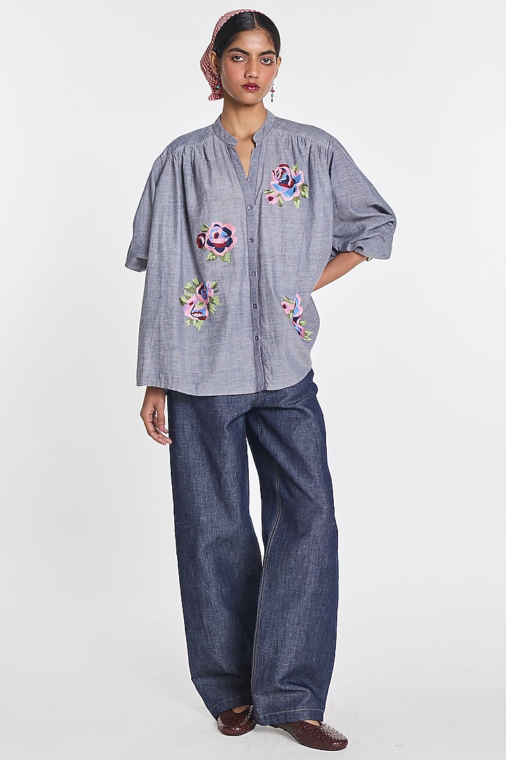 Melange Blue Handloom Cotton Floral Embroidered Shirt by Payal Pratap at Pernia's Pop Up Shop