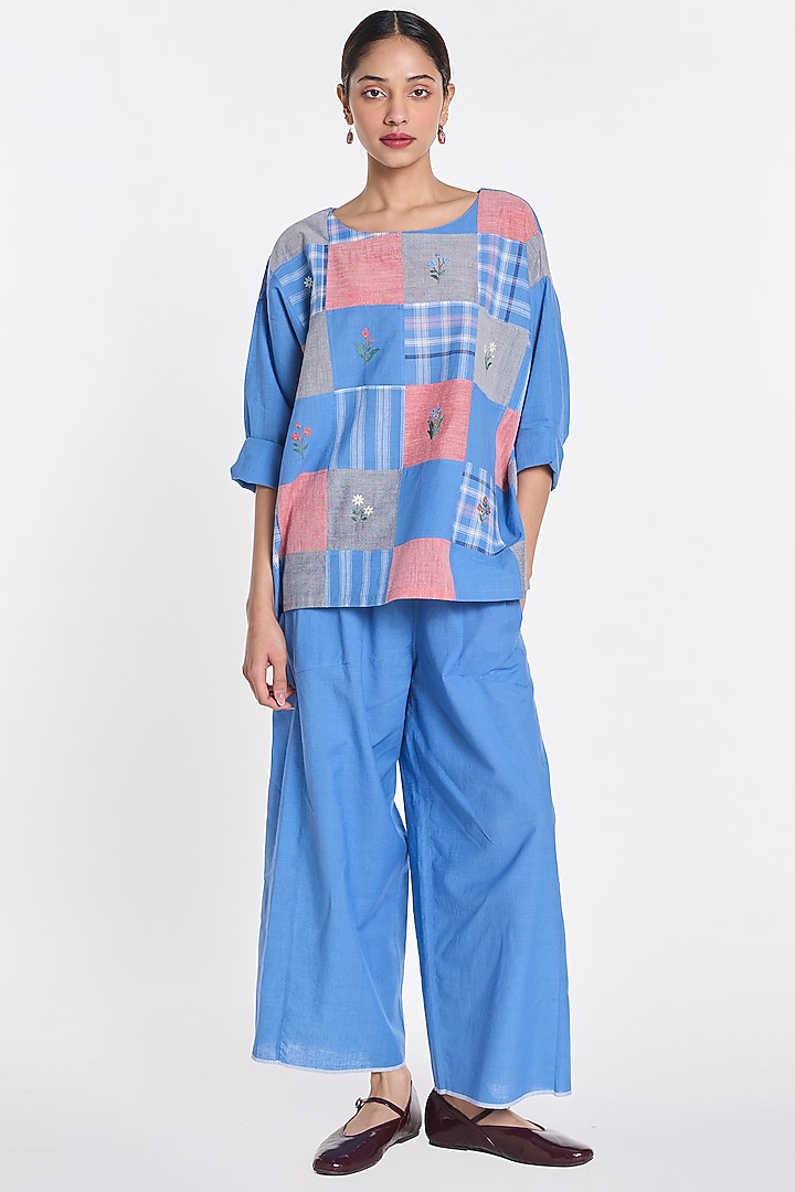 Blue Handloom Cotton Linen Pants by Payal Pratap at Pernia's Pop Up Shop