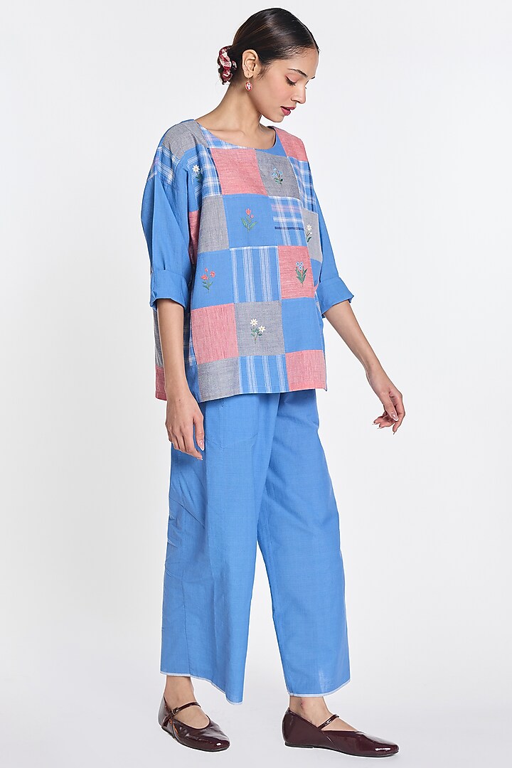 Blue Handloom Cotton Linen Pants by Payal Pratap at Pernia's Pop Up Shop