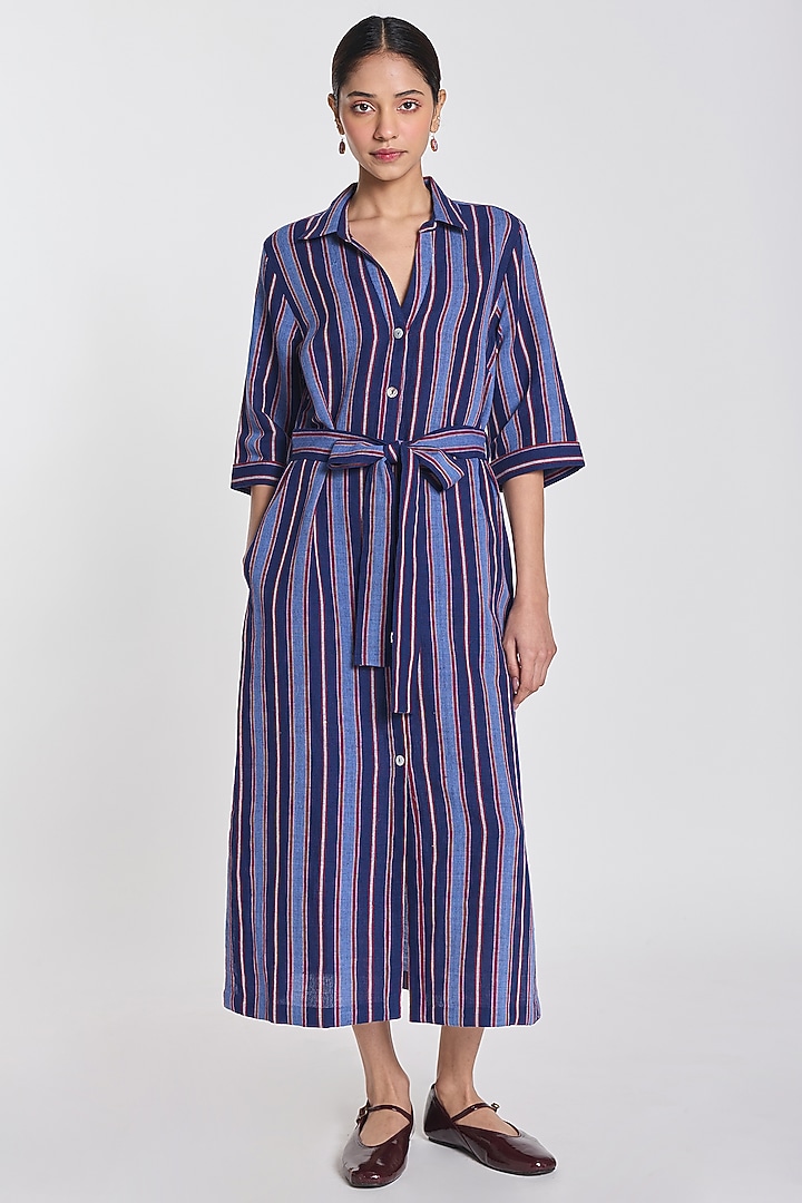 Indigo Blue Cotton Linen Striped Shirt Vacation Dress by Payal Pratap at Pernia's Pop Up Shop