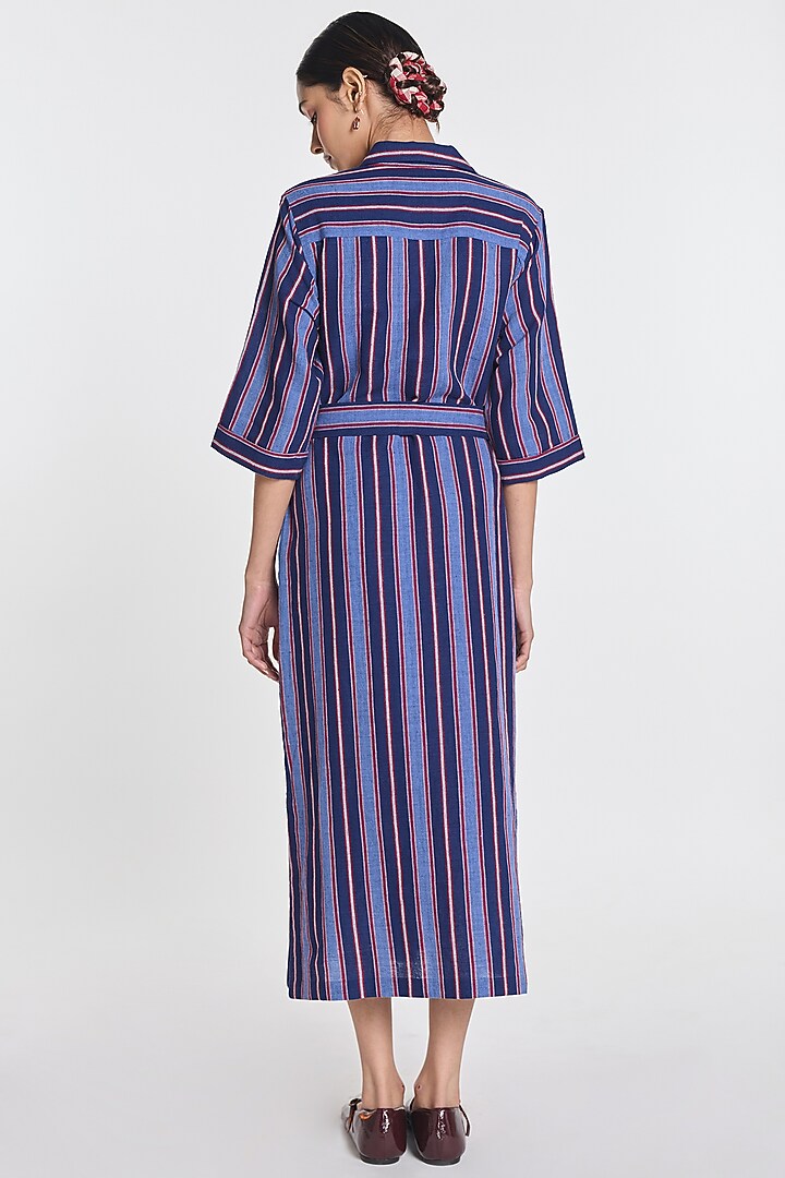 Indigo Blue Cotton Linen Striped Shirt Vacation Dress by Payal Pratap at Pernia's Pop Up Shop