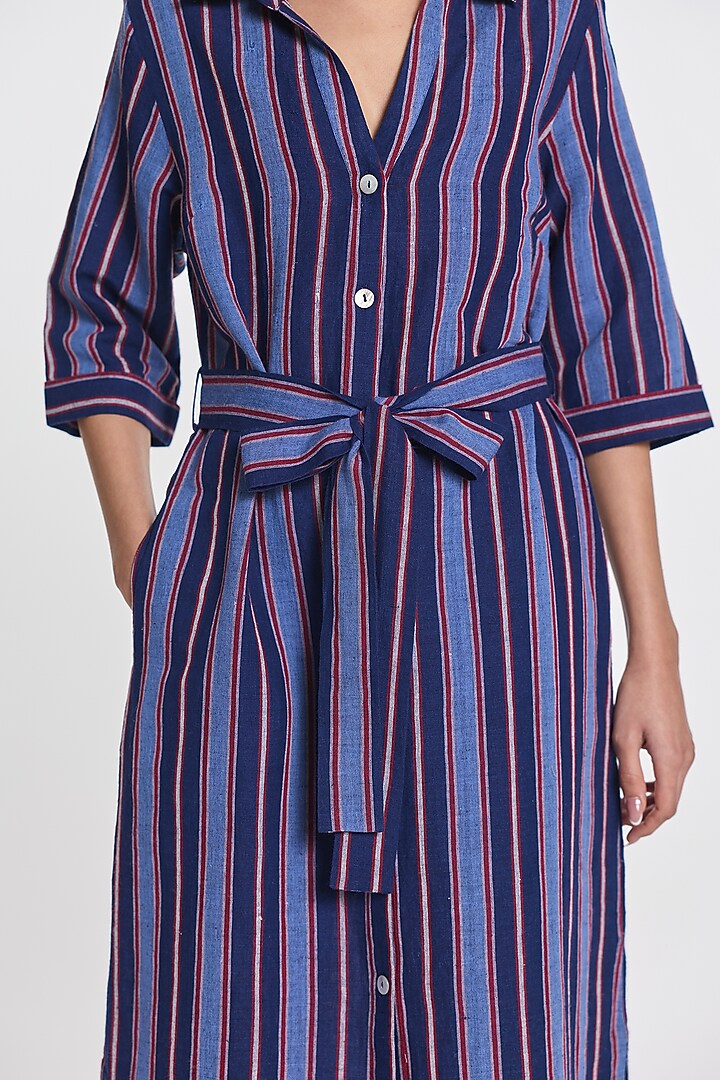 Indigo Blue Cotton Linen Striped Shirt Vacation Dress by Payal Pratap at Pernia's Pop Up Shop