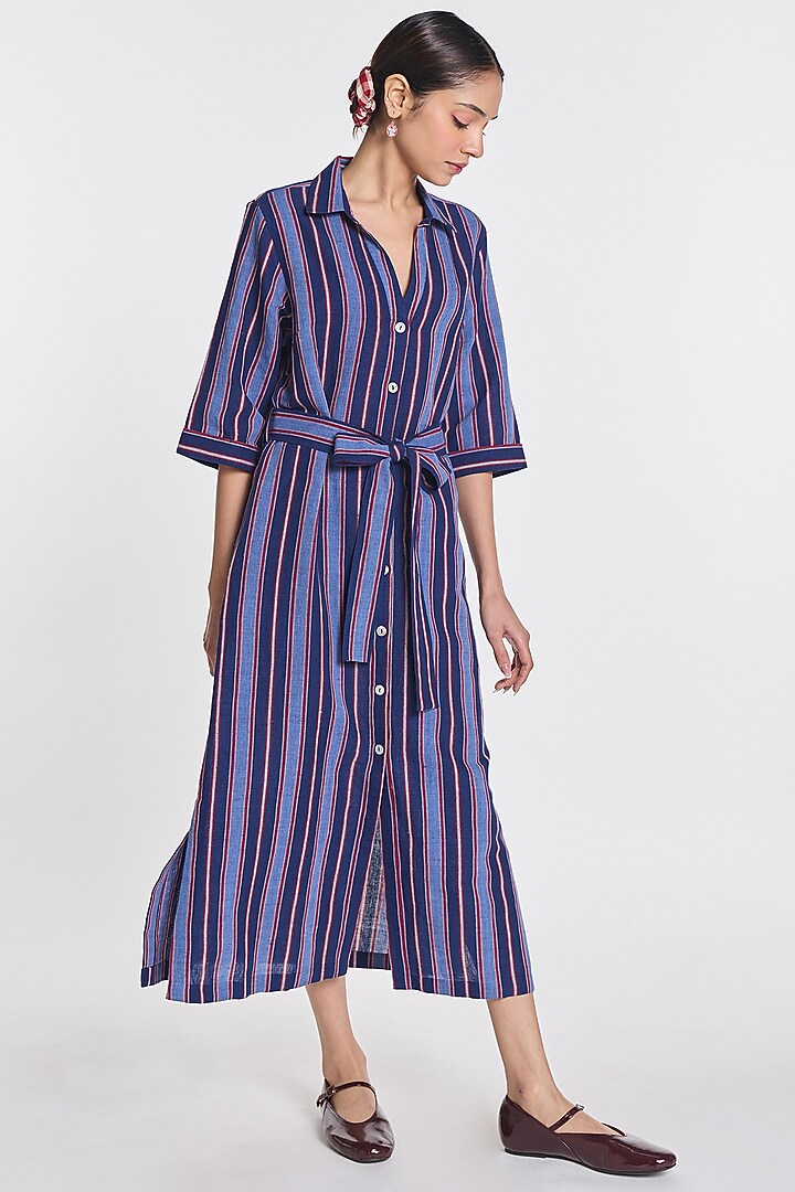 Indigo Blue Cotton Linen Striped Shirt Vacation Dress by Payal Pratap at Pernia's Pop Up Shop