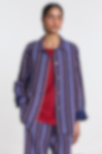 Indigo Blue Cotton Linen Striped Shirt by Payal Pratap at Pernia's Pop Up Shop