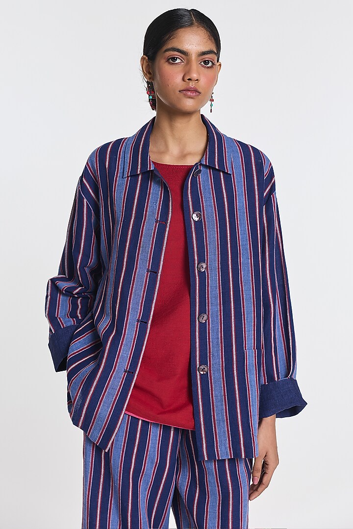 Indigo Blue Cotton Linen Striped Shirt by Payal Pratap at Pernia's Pop Up Shop