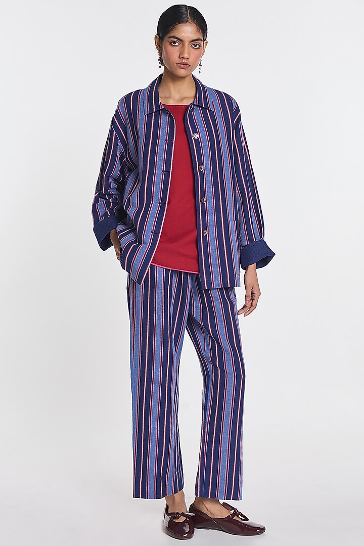 Indigo Blue Cotton Linen Striped Shirt by Payal Pratap at Pernia's Pop Up Shop