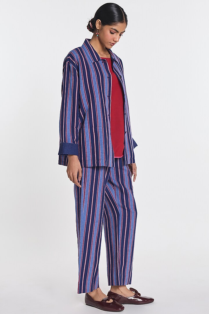 Indigo Blue Cotton Linen Striped Shirt by Payal Pratap at Pernia's Pop Up Shop