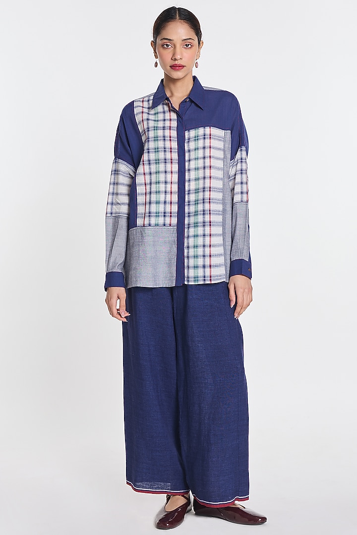 Navy Blue Handloom Cotton Patch Work Shirt by Payal Pratap at Pernia's Pop Up Shop