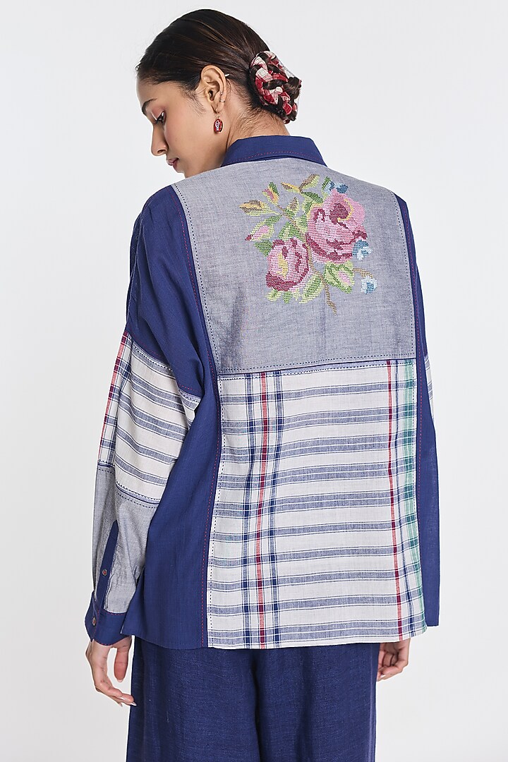 Navy Blue Handloom Cotton Patch Work Shirt by Payal Pratap at Pernia's Pop Up Shop