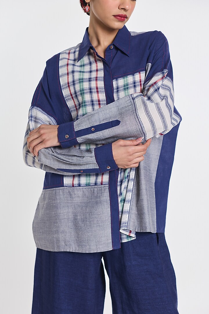 Navy Blue Handloom Cotton Patch Work Shirt by Payal Pratap at Pernia's Pop Up Shop